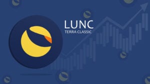 An image of a Terra Classic token (LUNA-USD) on a blue background with an ascending arrow.  LUNC encryption