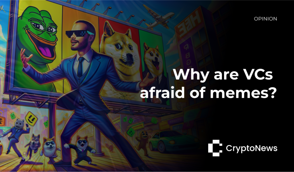 Colorful and dynamic image featuring meme icons like Doge, Pepe the Frog, and the Stonks man in a vibrant cityscape. A venture capitalist in a suit hides playfully behind a billboard, surrounded by playful meme characters.