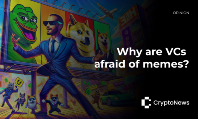 Colorful and dynamic image featuring meme icons like Doge, Pepe the Frog, and the Stonks man in a vibrant cityscape. A venture capitalist in a suit hides playfully behind a billboard, surrounded by playful meme characters.