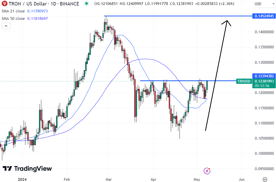 Tron could be the best crypto buy today if it manages to break north of this key resistance level. 