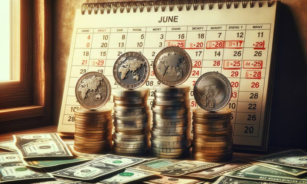 Three coins next to a june calendar