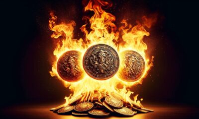 three coins emerging from fire