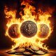 three coins emerging from fire