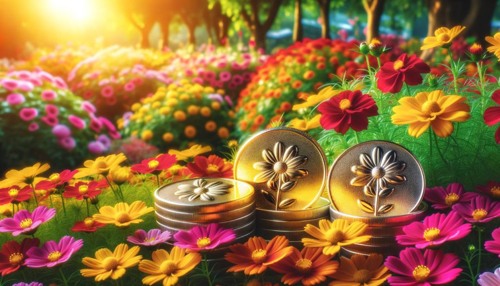 Image of three coins in a garden