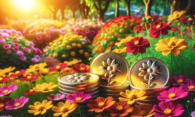 Image of three coins in a garden