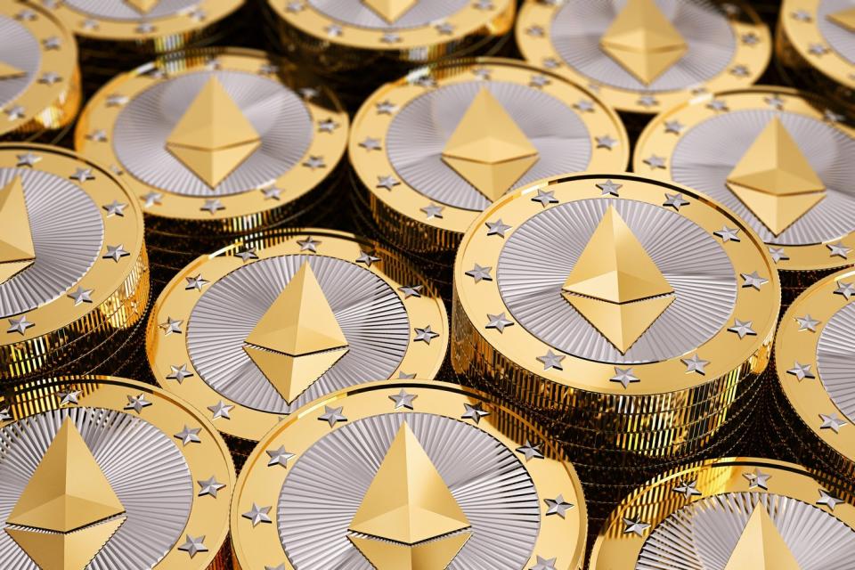 Ethereum coins stacked on top of each other