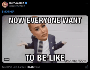 Azalea posted a meme referencing security guard John Michael Wozniak shrugging after beating six-time NBA champion Michael Jordan in a coin toss game.  (Iggy Azalea/X)