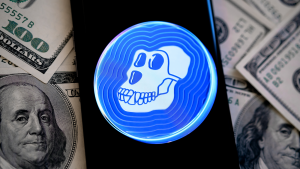 A smartphone with the Apecoin logo above the money.