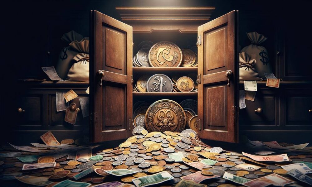 Coins and money in a closet