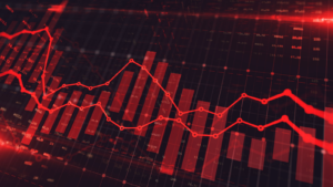 Stock market business graph in red color as a 3D economic illustration background.  Trade trends and economic development.  Shares to sell