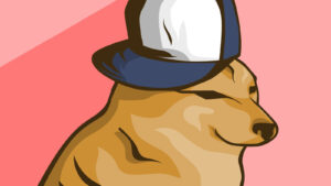 Illustration of Shiba Inu dog wearing a side cap in front of a pinkish red background, symbolizing meme stocks, meme tokens and pupcoins