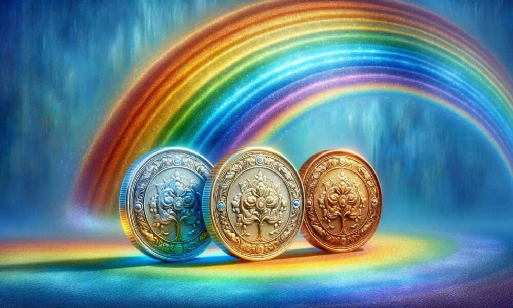 Three crypto coins on a rainbow