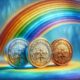 Three crypto coins on a rainbow